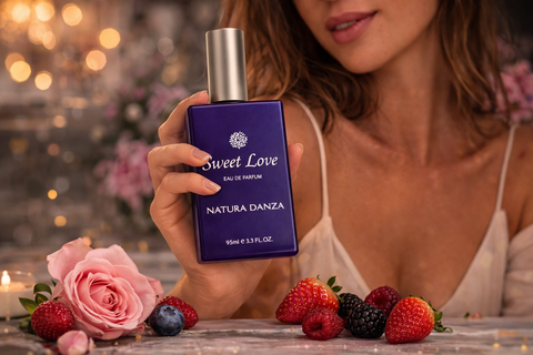 Γυναίκα κρατά το άρωμα Sweet Love της NATURA DANZA με μούρα και ροζ τριαντάφυλλα σε ρομαντική ατμόσφαιρα.