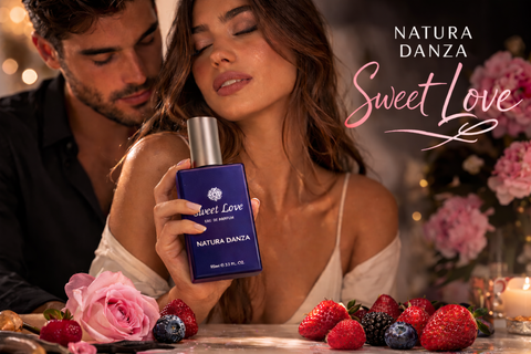 Γυναίκα κρατά το άρωμα Sweet Love της NATURA DANZA με μούρα και ροζ τριαντάφυλλα πάνω σε μαρμάρινη επιφάνεια σε ρομαντική ατμόσφαιρα.