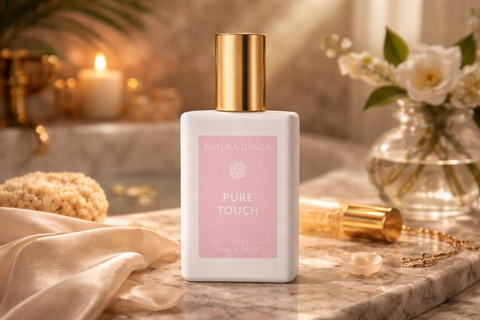 Άρωμα Pure Touch της Natura Danza σε μαρμάρινο μπουντουάρ με ζεστό φωτισμό, δίπλα σε λουλούδια και αξεσουάρ περιποίησης.