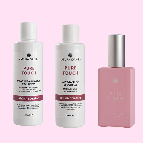 το καλύτερο άρωμα πούδρας pure touch σετ με αρωμα, αφρόλουτρο και γαλάκτωμα σώματος natura danza