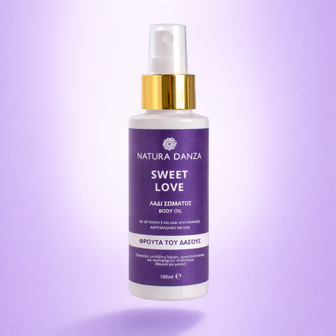 Συσκευασία λαδιού σώματος Natura Danza Sweet Love 100ml με άρωμα φρούτων του δάσους και βιταμίνη Ε για ενυδάτωση της επιδερμίδας.