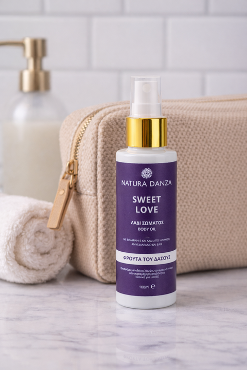 Λάδι σώματος Natura Danza Sweet Love 100ml σε μπάνιο δίπλα σε νεσεσέρ, με άρωμα φρούτων του δάσους για καθημερινή ενυδάτωση της επιδερμίδας.