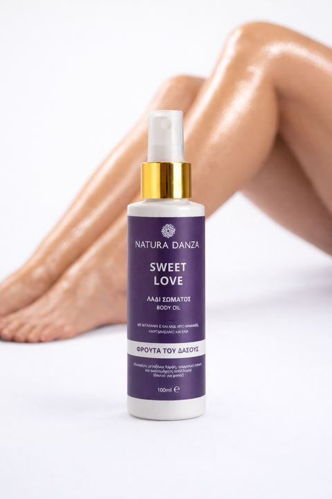 Λάδι σώματος Natura Danza Sweet Love 100ml εφαρμοσμένο σε πόδια για λάμψη και ενυδάτωση της επιδερμίδας με άρωμα φρούτων του δάσους.