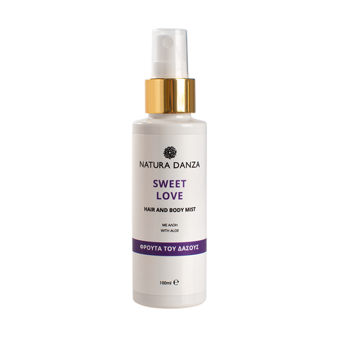 Συσκευασία hair & body mist Natura Danza Sweet Love 100ml με άρωμα φρούτων του δάσους για καθημερινή χρήση σε σώμα και μαλλιά.