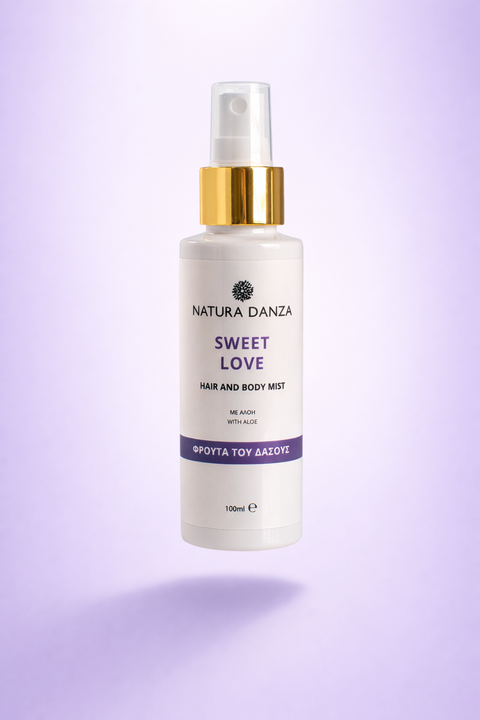 Hair & body mist Natura Danza Sweet Love 100ml με γλυκό άρωμα μούρων, βατόμουρου, σταφυλιού και φραγκοστάφυλου για σώμα και μαλλιά.