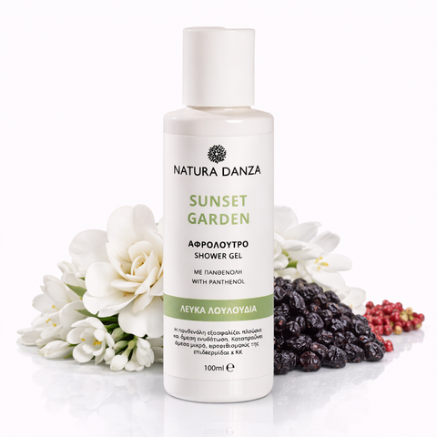Natura Danza Sunset Garden shower gel 100ml with white floral scent and panthenol, gentle cleansing body wash