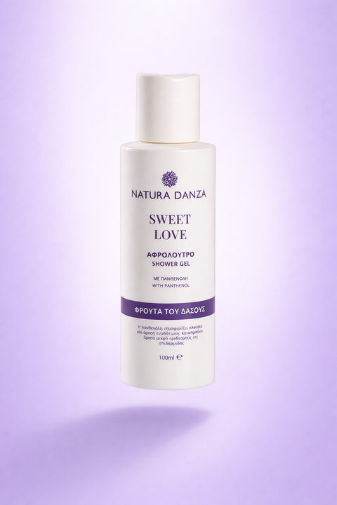 Συσκευασία αφρόλουτρου Natura Danza Sweet Love 100ml με άρωμα φρούτων του δάσους και πανθενόλη για απαλό καθαρισμό της επιδερμίδας.