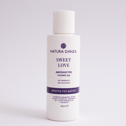 Αφρόλουτρο Natura Danza Sweet Love 100ml travel size με άρωμα φρούτων του δάσους και πανθενόλη, ιδανικό για ταξίδια και χειραποσκευή.