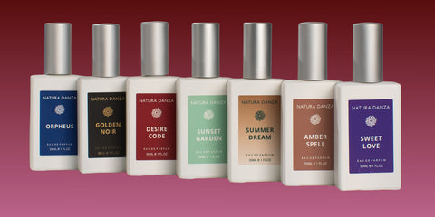Συλλογή αρωμάτων Natura Danza με Pure Touch, Desire Code, Orpheus, Golden Noir, Amber Spell, Sweet Love, Sunset Garden και Summer Dream