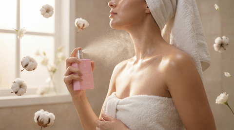 Άρωμα Pure Touch Natura Danza – γυναίκα ψεκάζει άρωμα μετά το ντους με βαμβάκι