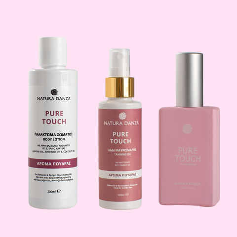 Σετ με άρωμα Πούδρας Pure Touch: Άρωμα, Λάδι Μαυρίσματος και Γαλάκτωμα Σώματος με Glitter